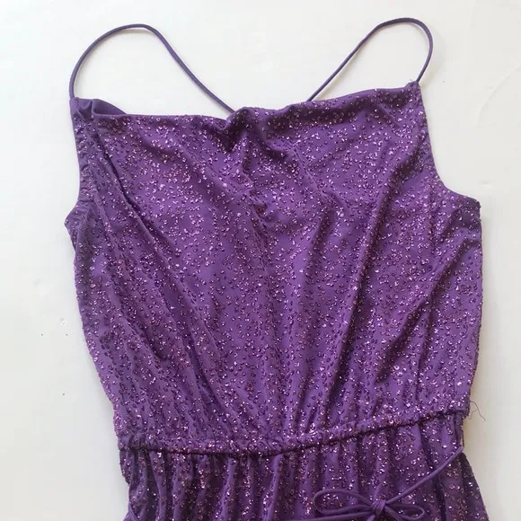 True Vintage 1970‘s Disco Sparkle Dress Midi Purple Glitter Cowneck Y2k Party Sm