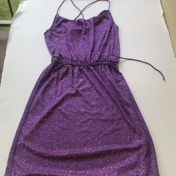 True Vintage 1970‘s Disco Sparkle Dress Midi Purple Glitter Cowneck Y2k Party Sm