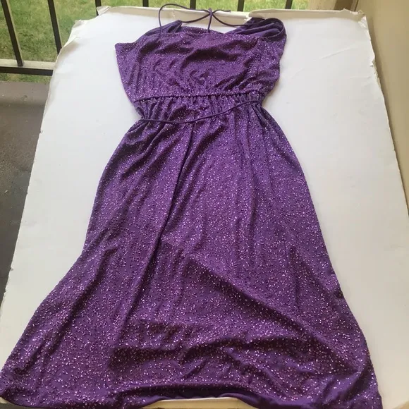 True Vintage 1970‘s Disco Sparkle Dress Midi Purple Glitter Cowneck Y2k Party Sm