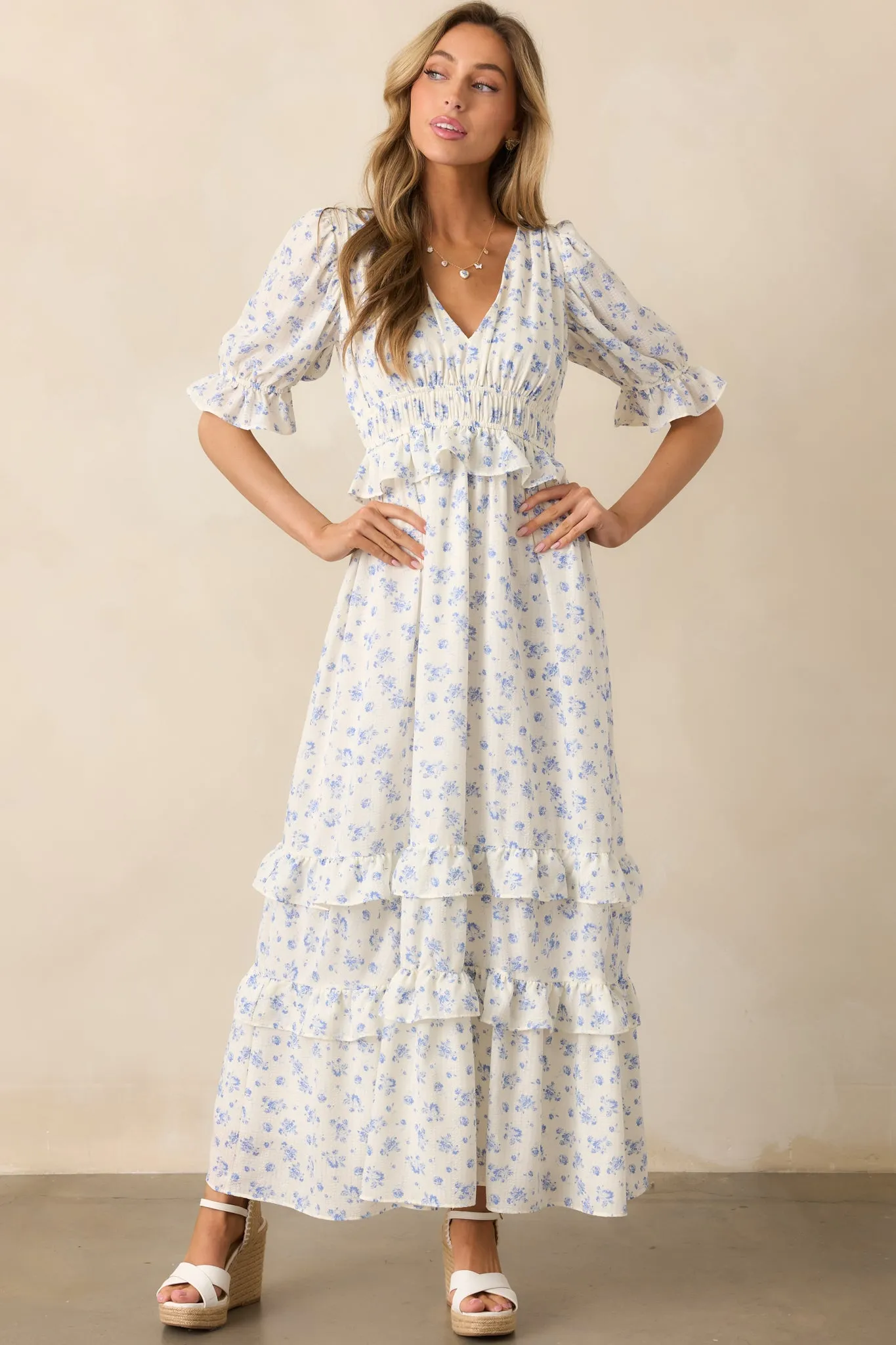 Tulip Tea Time Ivory Floral Ruffle Maxi Dress