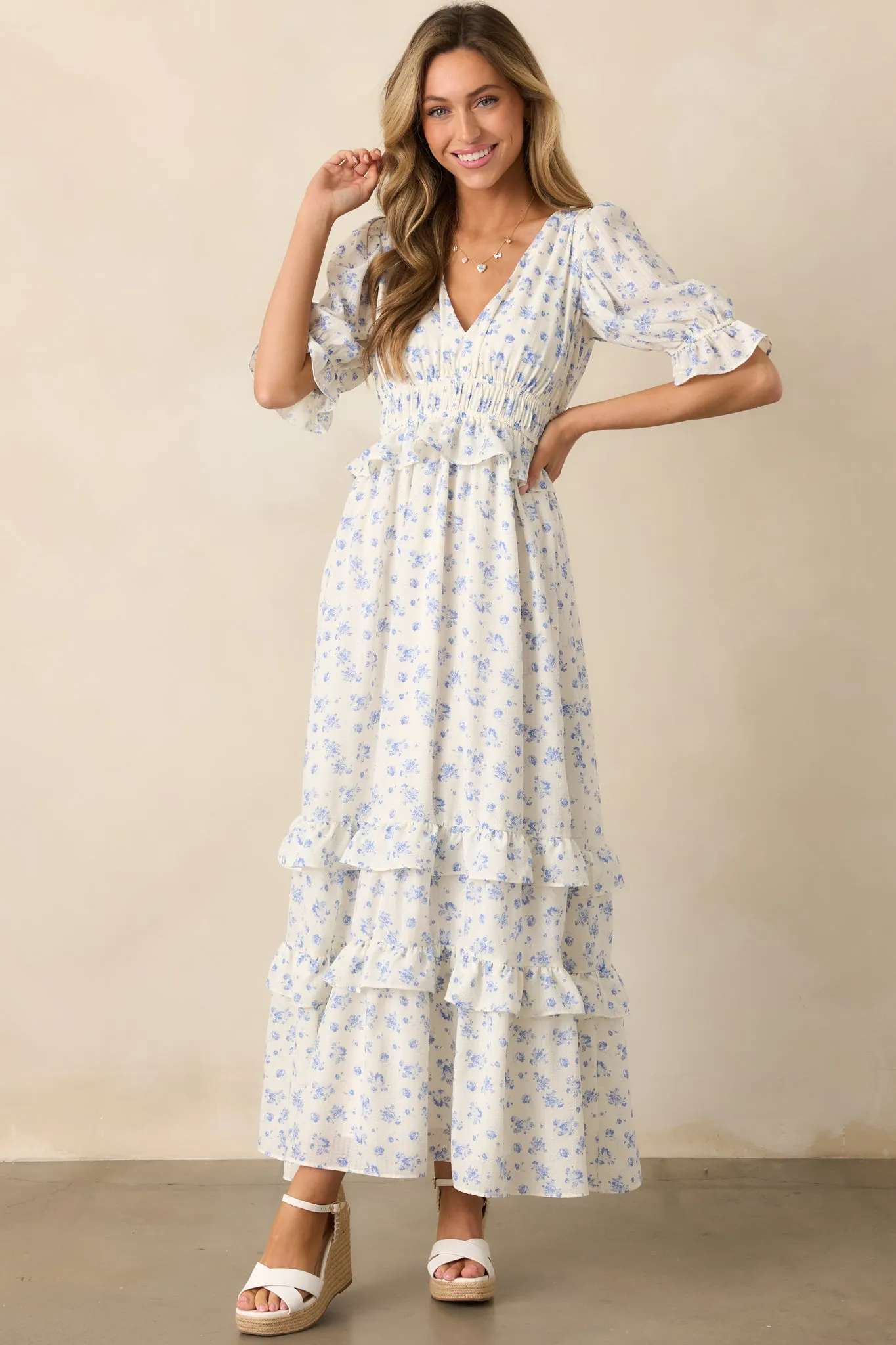 Tulip Tea Time Ivory Floral Ruffle Maxi Dress