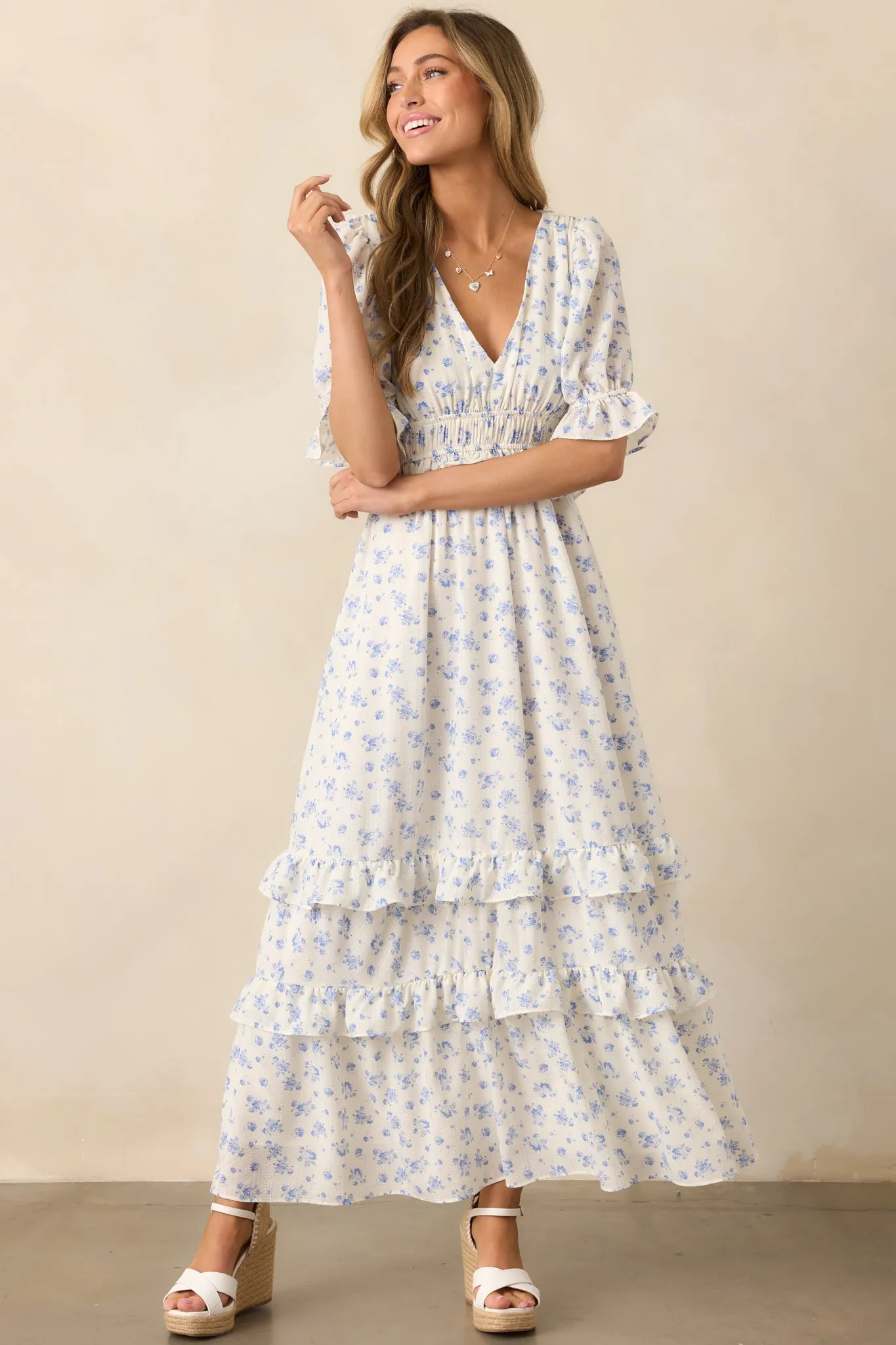 Tulip Tea Time Ivory Floral Ruffle Maxi Dress