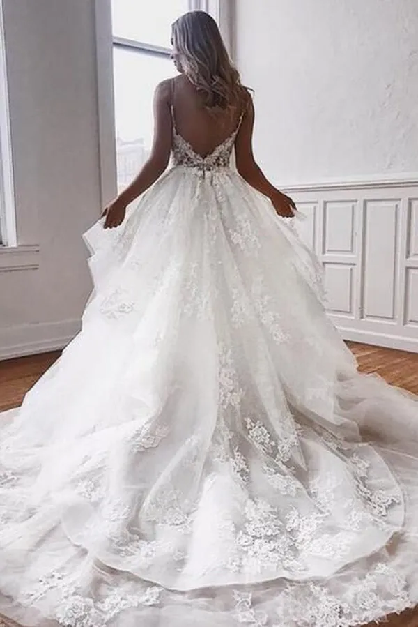 Tulle A-line V-neck Spaghetti Straps Vintage Lace Wedding Dresses, MW1070