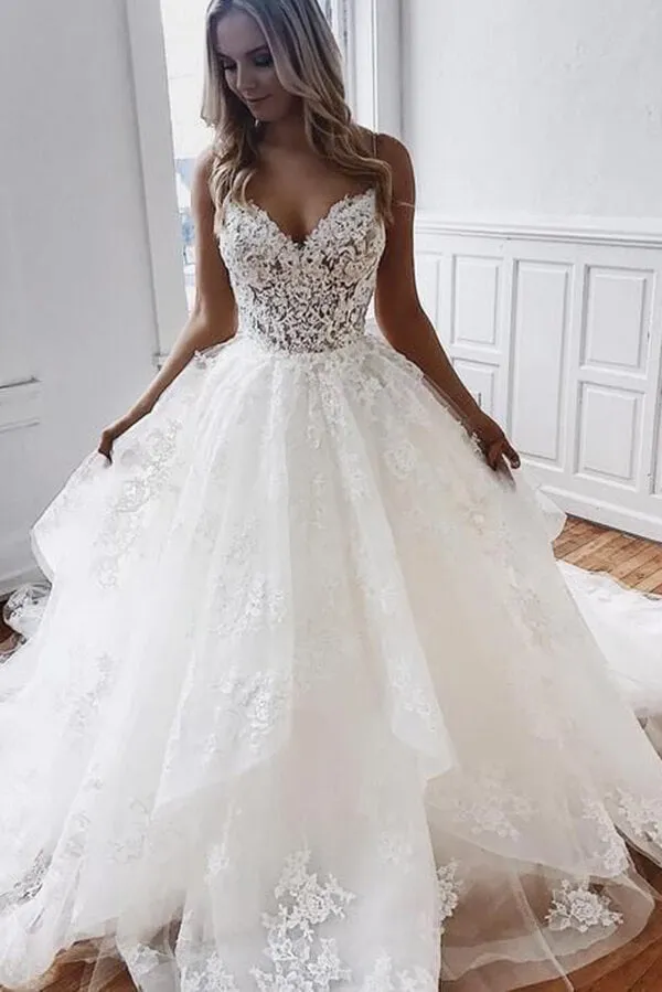 Tulle A-line V-neck Spaghetti Straps Vintage Lace Wedding Dresses, MW1070
