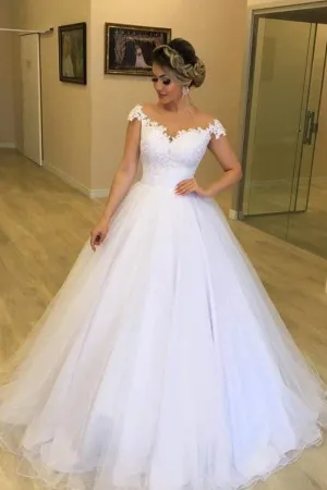 Tulle Skirt Classic Wedding Dresses with Appliques Capped Sleeves