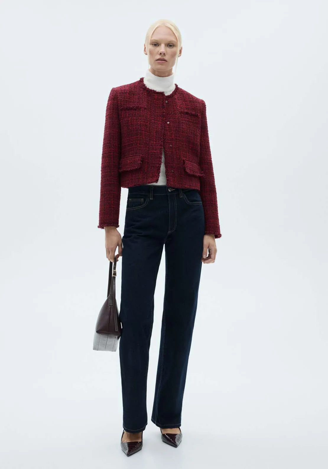 Tweed jacket with frayed ends - Dark Red