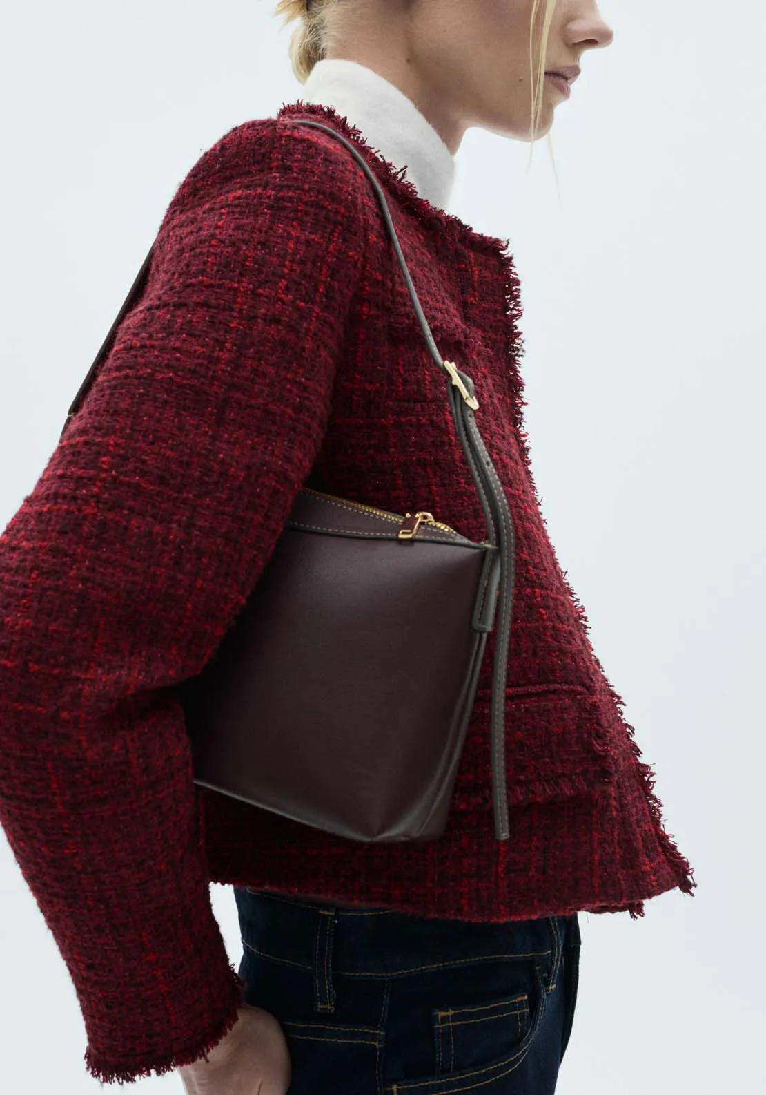 Tweed jacket with frayed ends - Dark Red