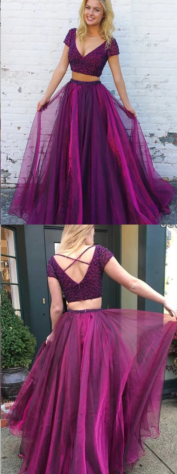 Two Piece V-Neck Short Sleeves Purple Tulle Beaded Prom Dresses,Cheap Prom Dress,PDY0388