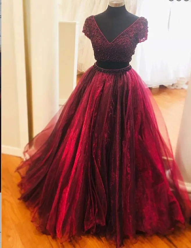 Two Piece V-Neck Short Sleeves Purple Tulle Beaded Prom Dresses,Cheap Prom Dress,PDY0388