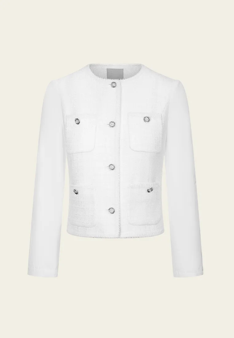 Twrill-panelled Patch-pocket Embellished-button Tweed Jacket
