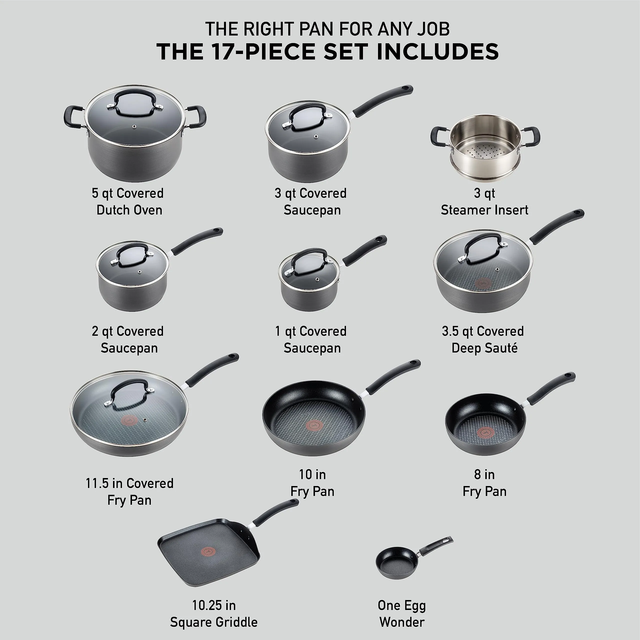Ultimate Hard Anodized Nonstick Cookware Set 17 Piece, Oven Broiler Safe 400F, Lid Safe 350F, Kitchen Cooking Set w/ Fry Pans, Saucepans, Saute Pan, Griddle, Pots and Pans, Dishwasher Safe Black