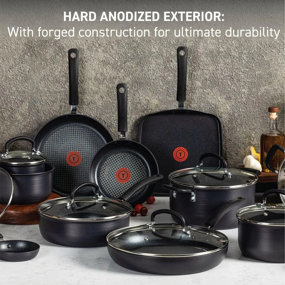 Ultimate Hard Anodized Nonstick Cookware Set 17 Piece, Oven Broiler Safe 400F, Lid Safe 350F, Kitchen Cooking Set w/ Fry Pans, Saucepans, Saute Pan, Griddle, Pots and Pans, Dishwasher Safe Black