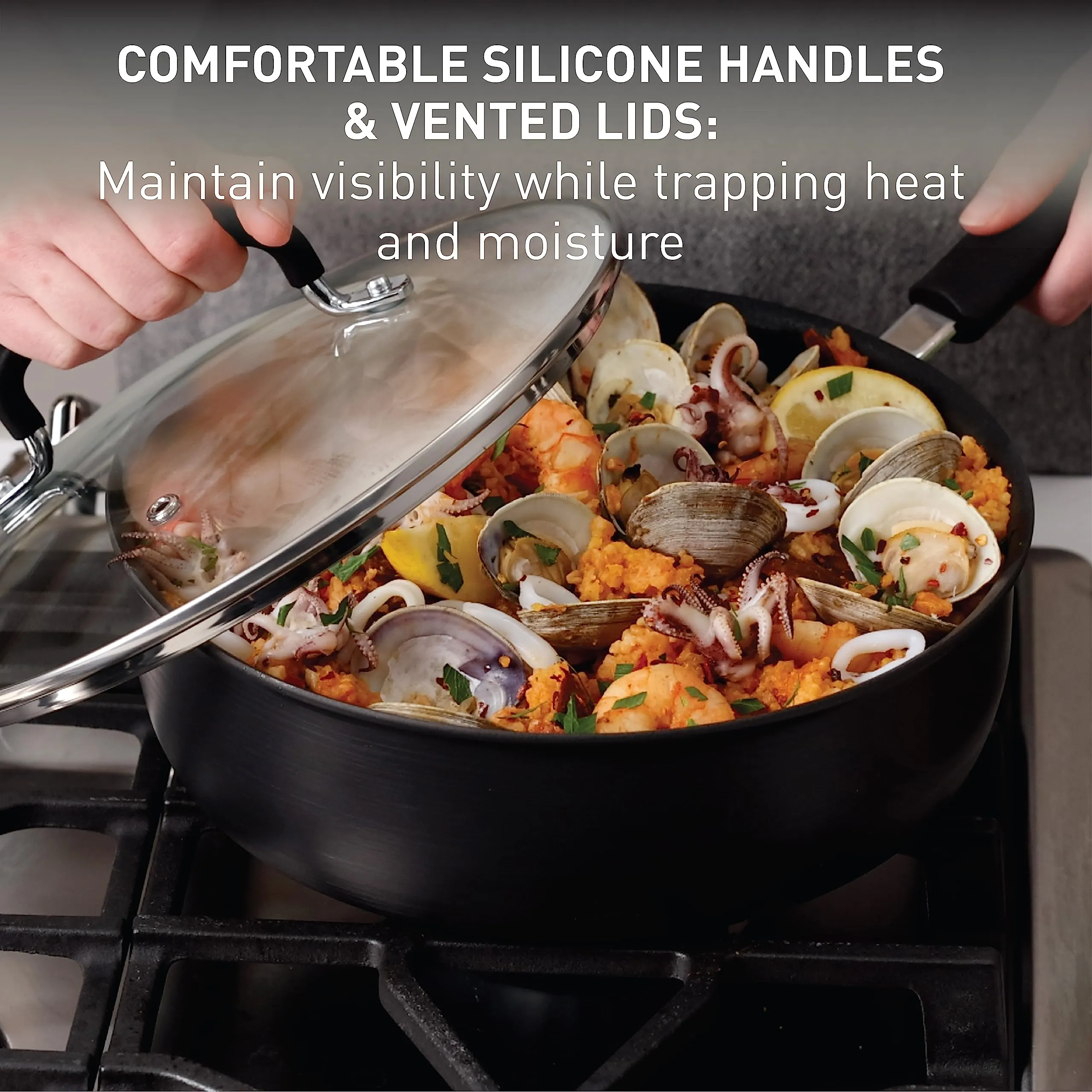 Ultimate Hard Anodized Nonstick Cookware Set 17 Piece, Oven Broiler Safe 400F, Lid Safe 350F, Kitchen Cooking Set w/ Fry Pans, Saucepans, Saute Pan, Griddle, Pots and Pans, Dishwasher Safe Black