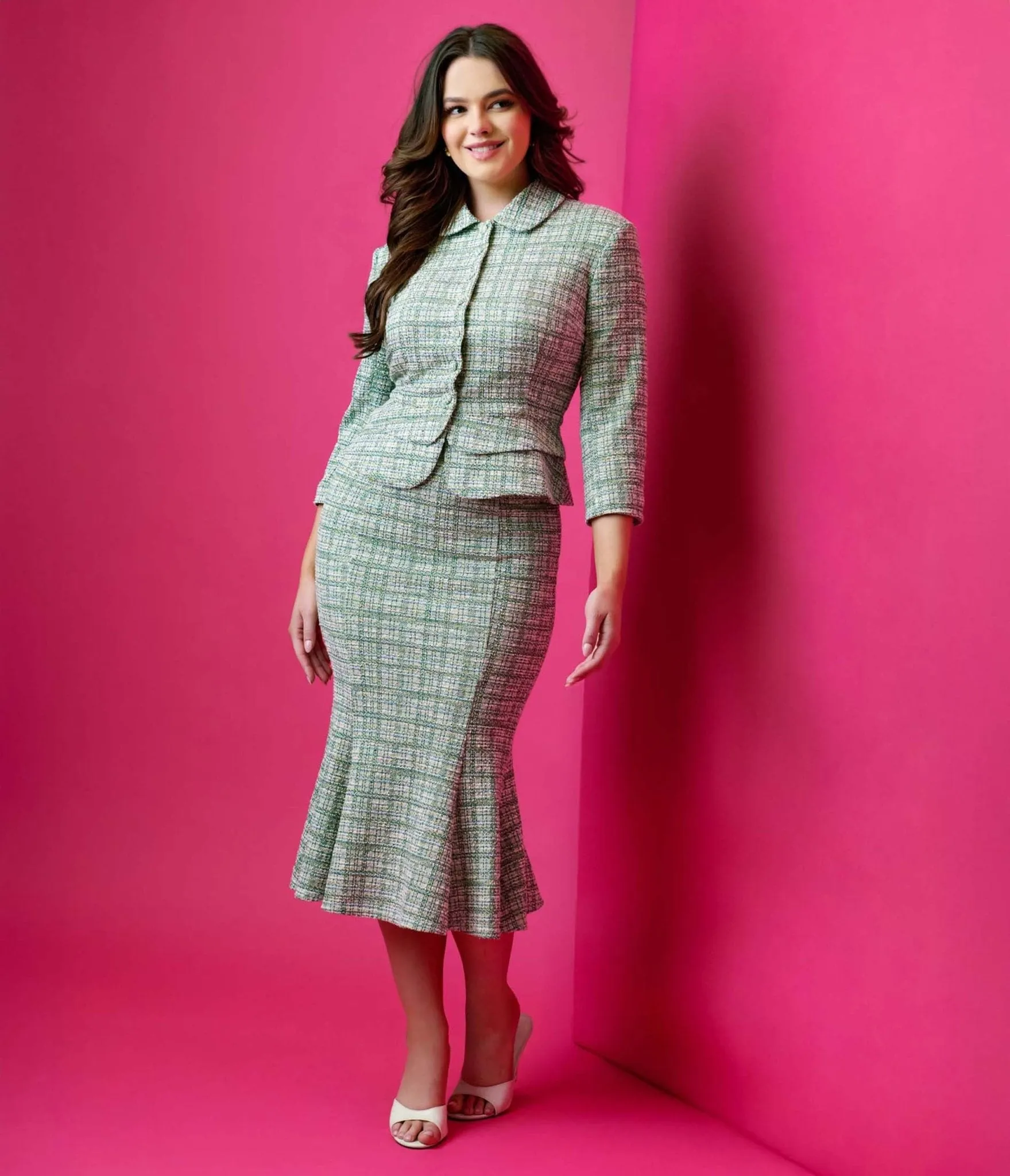 Unique Vintage 1940s Green Plaid Boucle Peplum Jacket