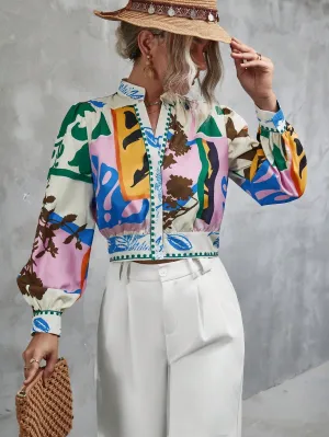 Unity Graphic Print Notched Neckline Lantern Sleeve Blouse