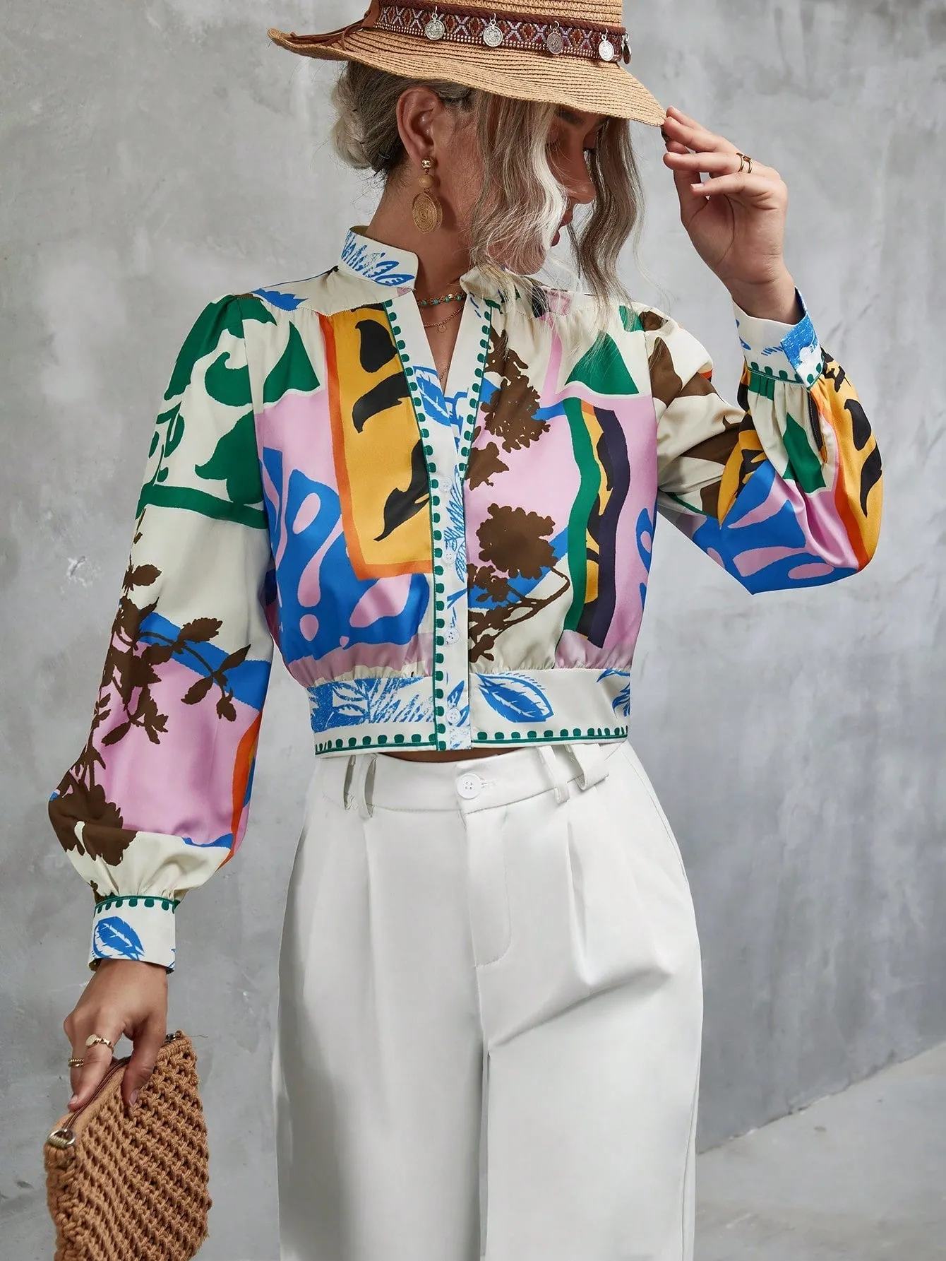 Unity Graphic Print Notched Neckline Lantern Sleeve Blouse
