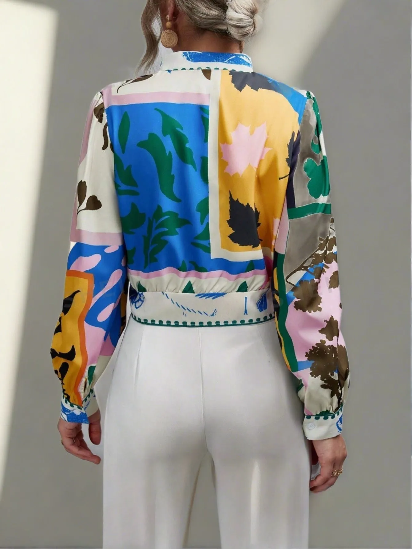 Unity Graphic Print Notched Neckline Lantern Sleeve Blouse