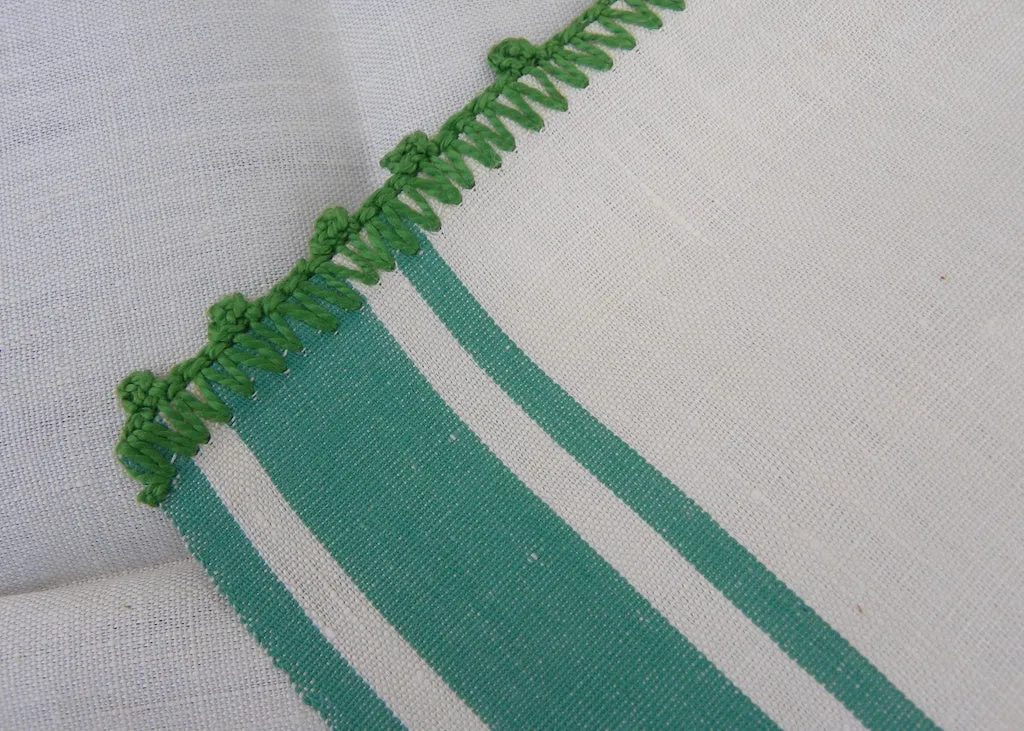 Unused Vintage Linen Green and White Kitchen Tea Towel with Crocheted Edge