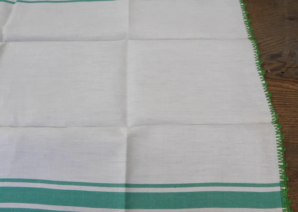 Unused Vintage Linen Green and White Kitchen Tea Towel with Crocheted Edge