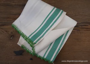 Unused Vintage Linen Green and White Kitchen Tea Towel with Crocheted Edge