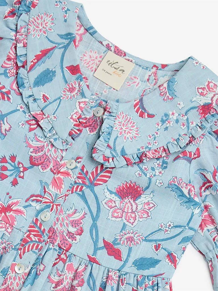 Utsa Kids Blue Floral Printed Cotton Shirt Dress - (2-8yrs)