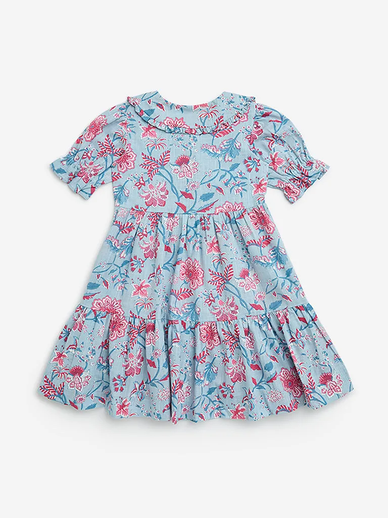 Utsa Kids Blue Floral Printed Cotton Shirt Dress - (2-8yrs)