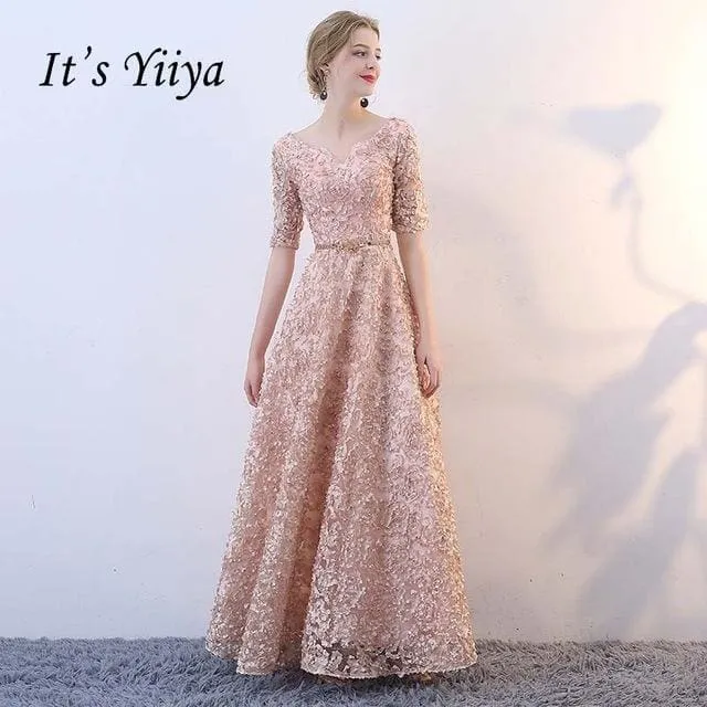 V-Neck Half Sleeves A-line Vintage Elegant Lace Up Party Dress