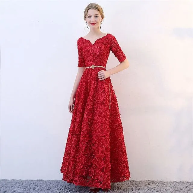 V-Neck Half Sleeves A-line Vintage Elegant Lace Up Party Dress