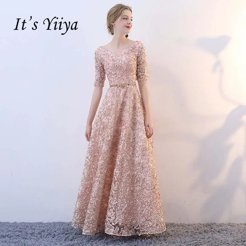 V-Neck Half Sleeves A-line Vintage Elegant Lace Up Party Dress