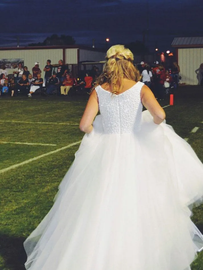 V Neck White Rhinestone Cheap A-line Custom Wedding Dresses Online, WDY0217