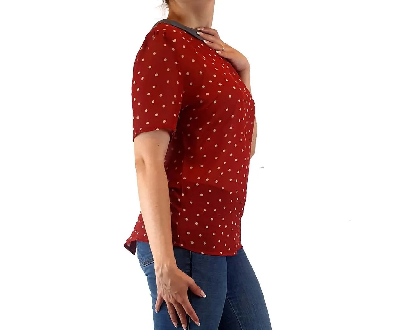 Vanishing Elephant red polka dot top with blue peter pan collar size S