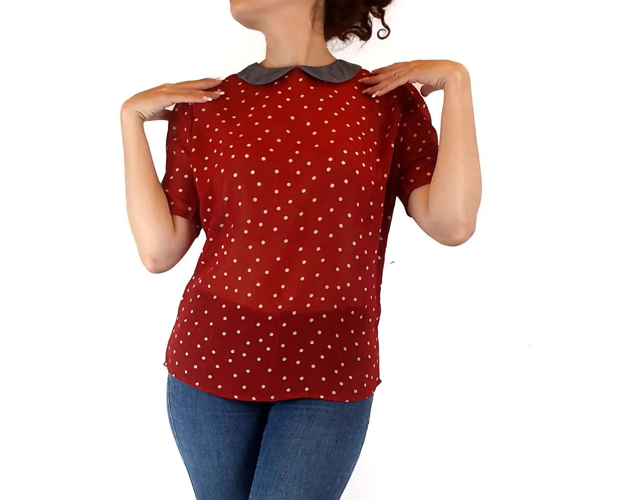 Vanishing Elephant red polka dot top with blue peter pan collar size S