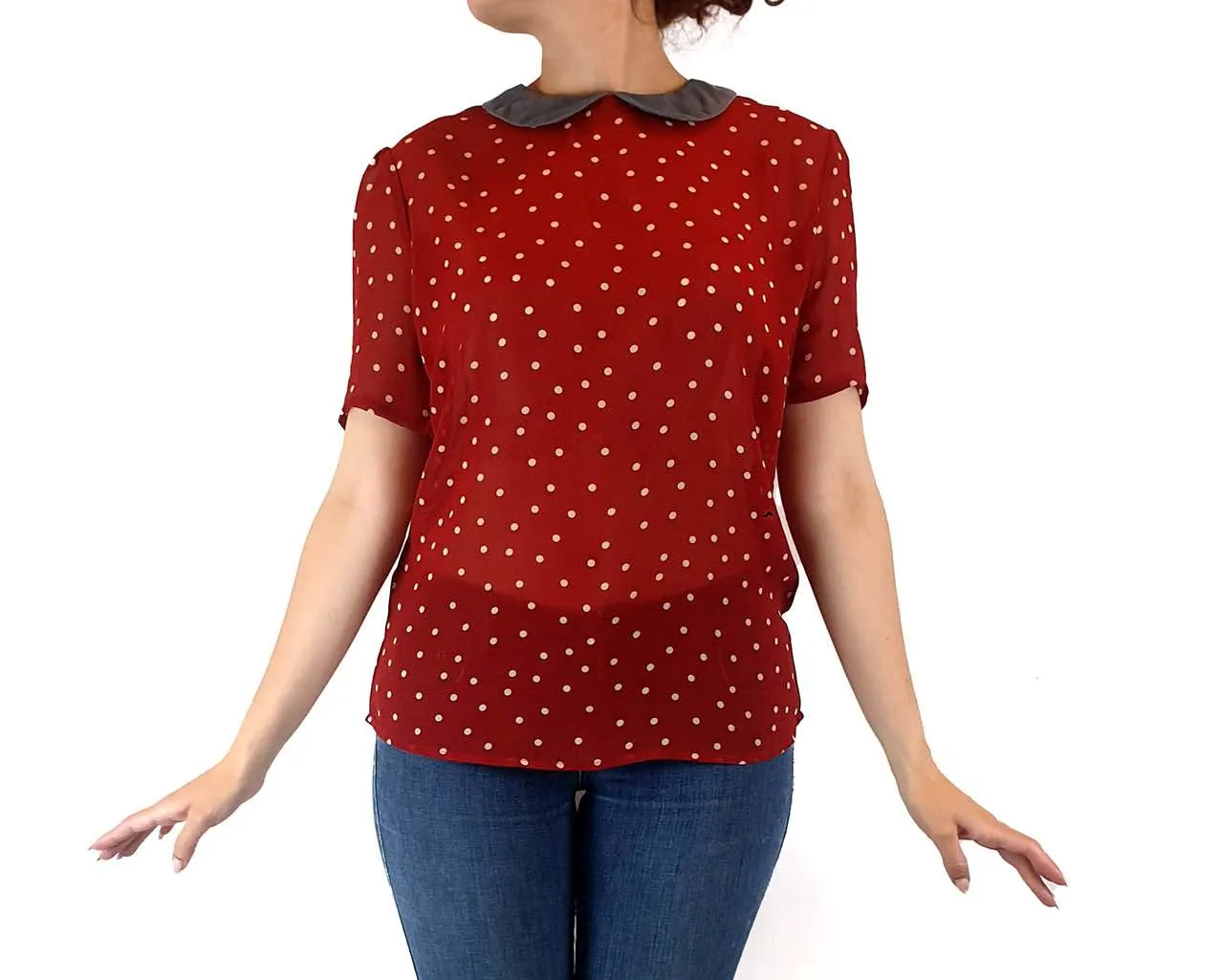 Vanishing Elephant red polka dot top with blue peter pan collar size S