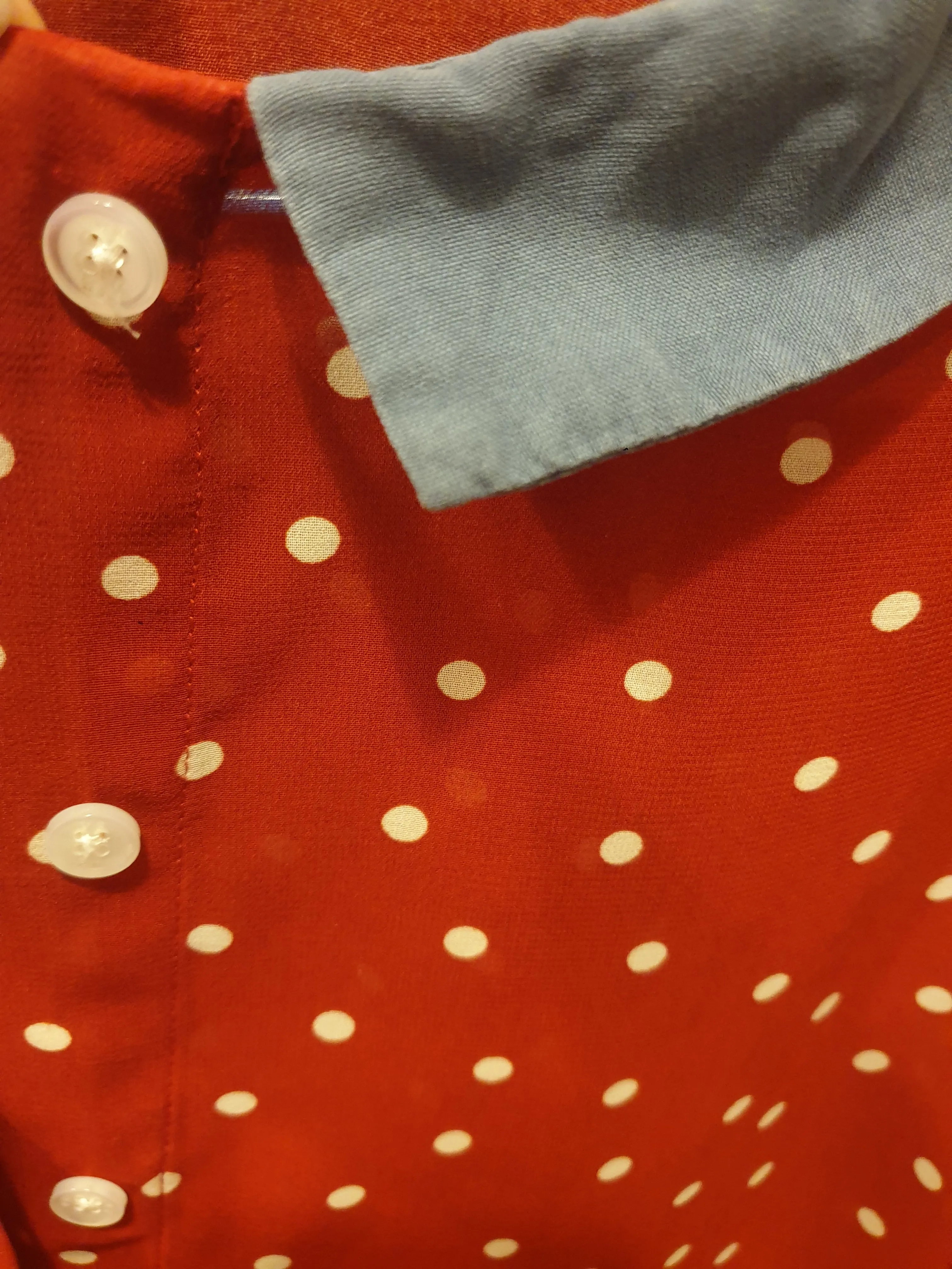 Vanishing Elephant red polka dot top with blue peter pan collar size S