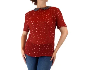 Vanishing Elephant red polka dot top with blue peter pan collar size S