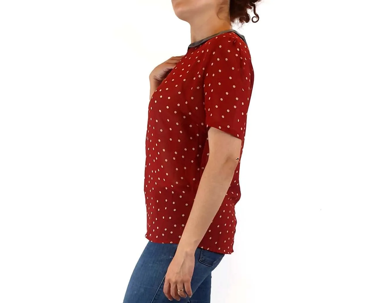 Vanishing Elephant red polka dot top with blue peter pan collar size S