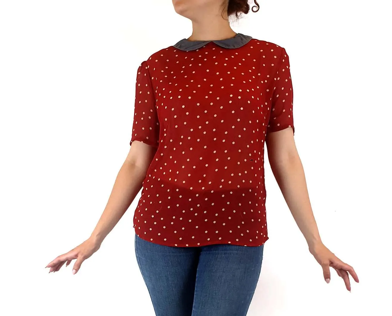 Vanishing Elephant red polka dot top with blue peter pan collar size S