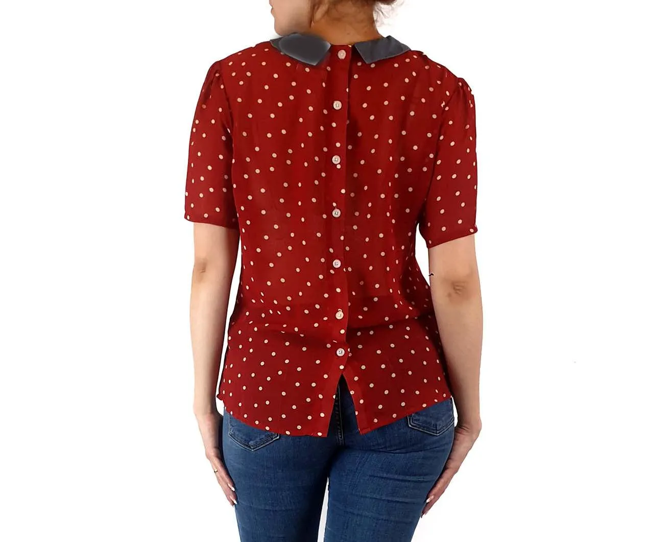 Vanishing Elephant red polka dot top with blue peter pan collar size S
