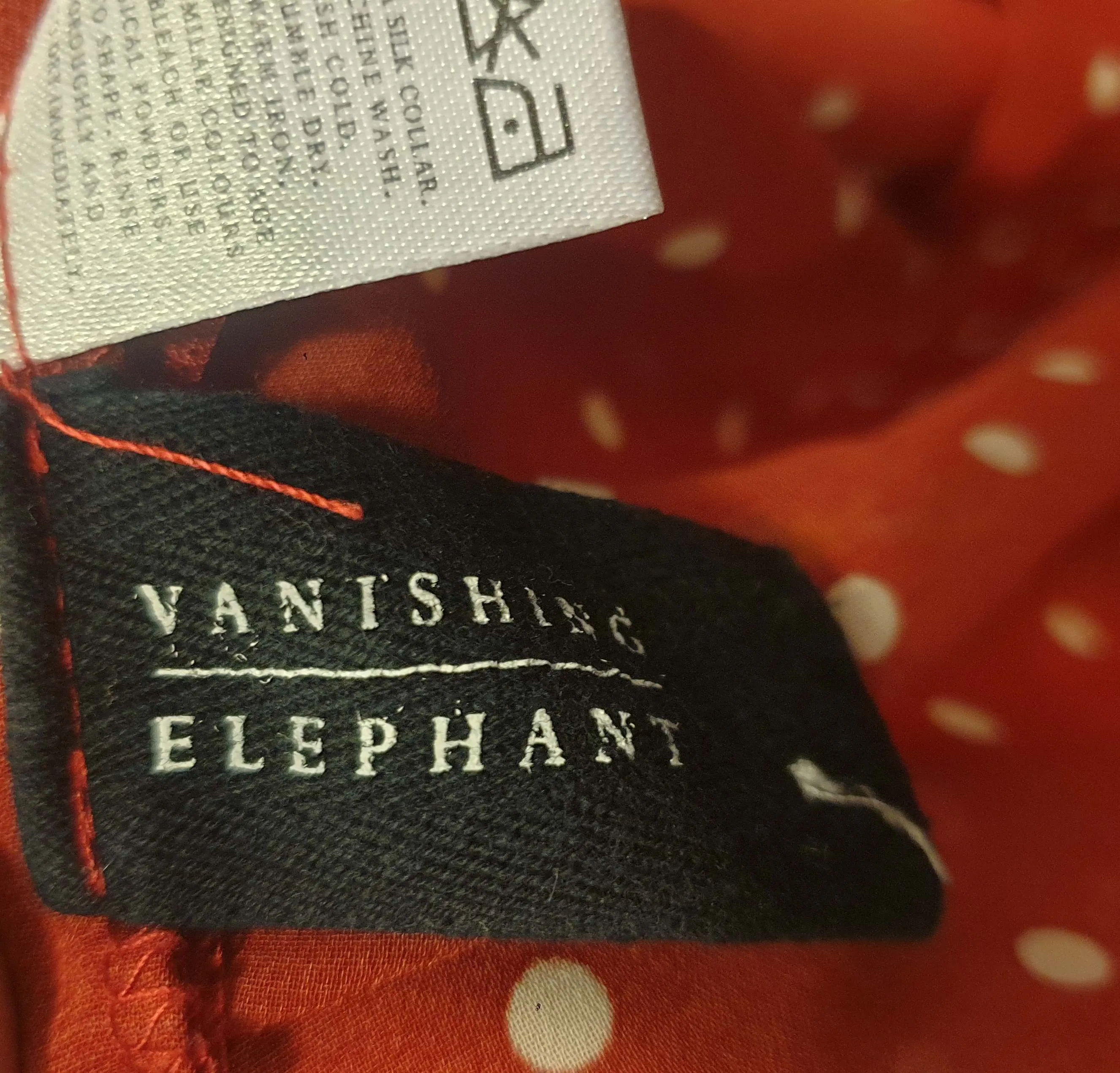 Vanishing Elephant red polka dot top with blue peter pan collar size S