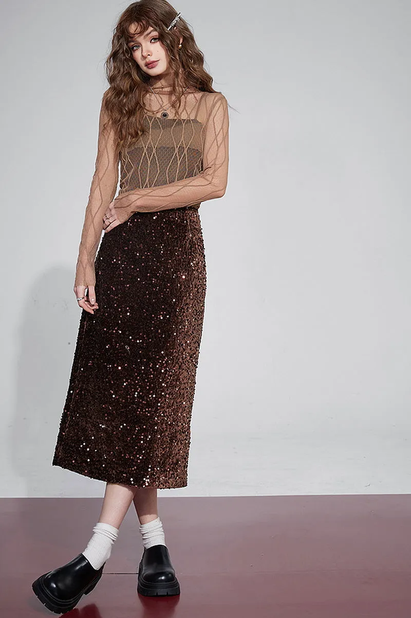 Velvet Sequin Party Midi Skirt