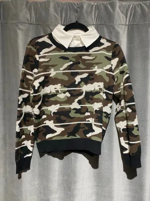 Veronica Beard Camo Crew Neck Sweater with Detachable White collar