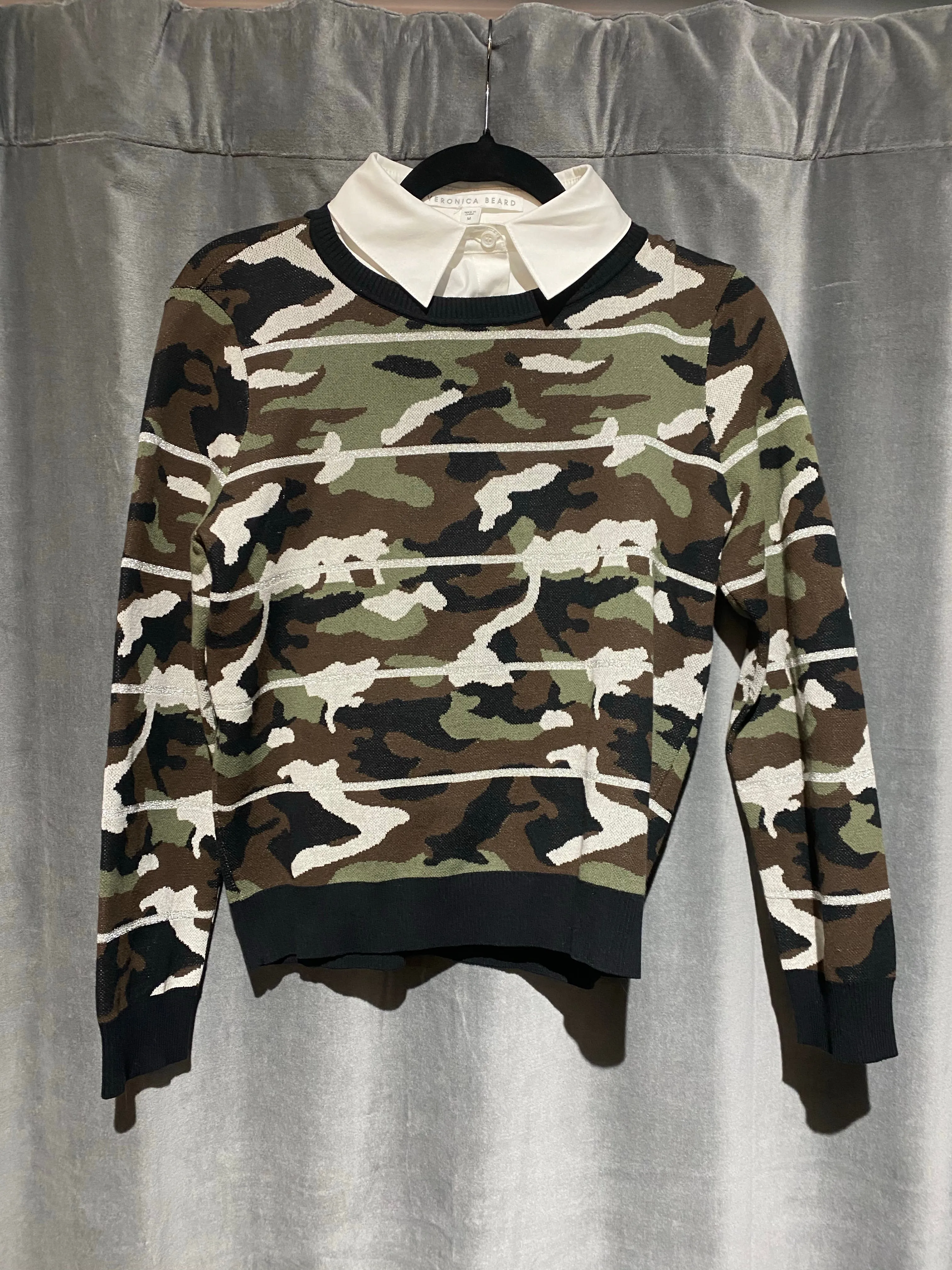 Veronica Beard Camo Crew Neck Sweater with Detachable White collar