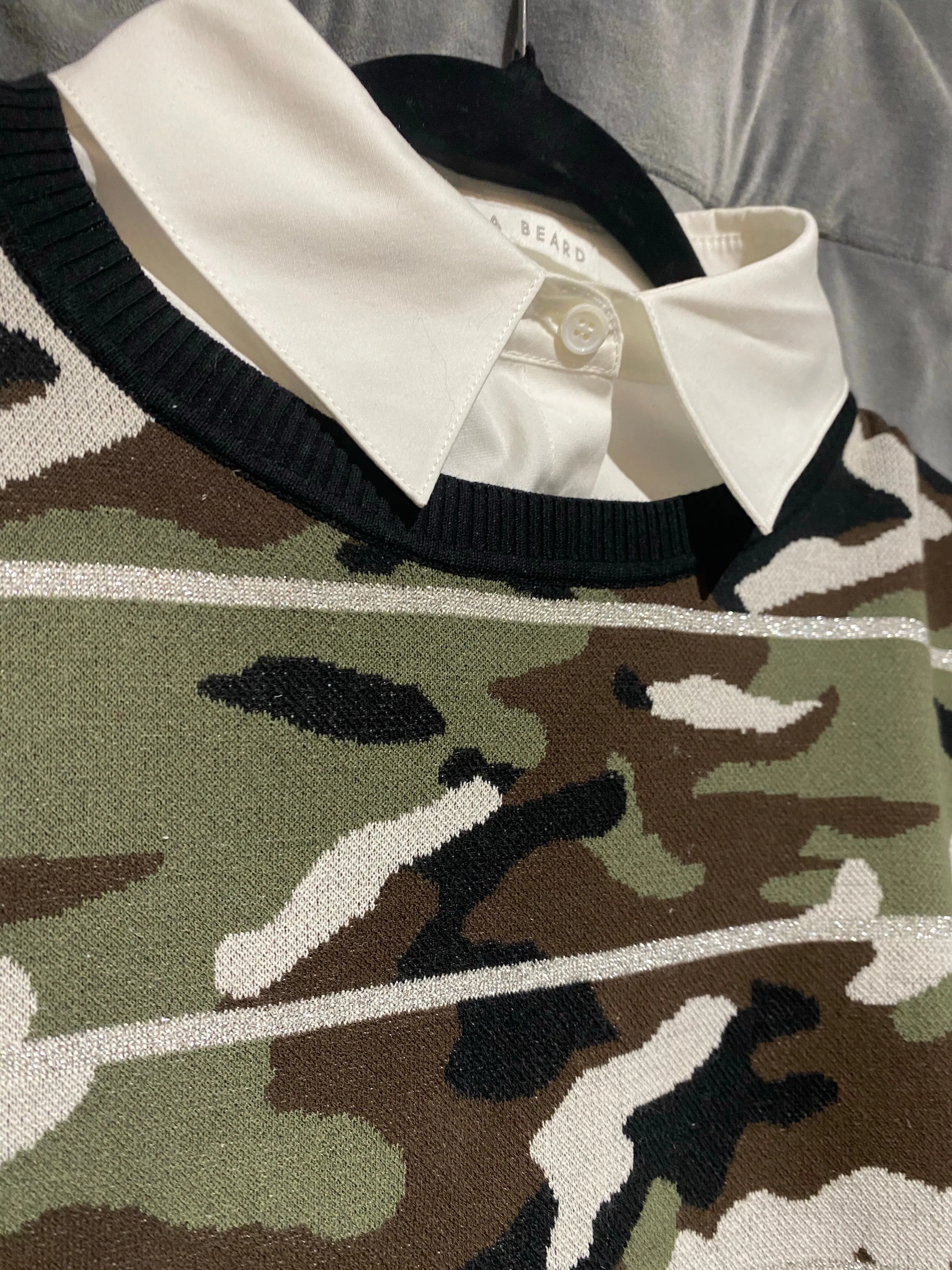 Veronica Beard Camo Crew Neck Sweater with Detachable White collar