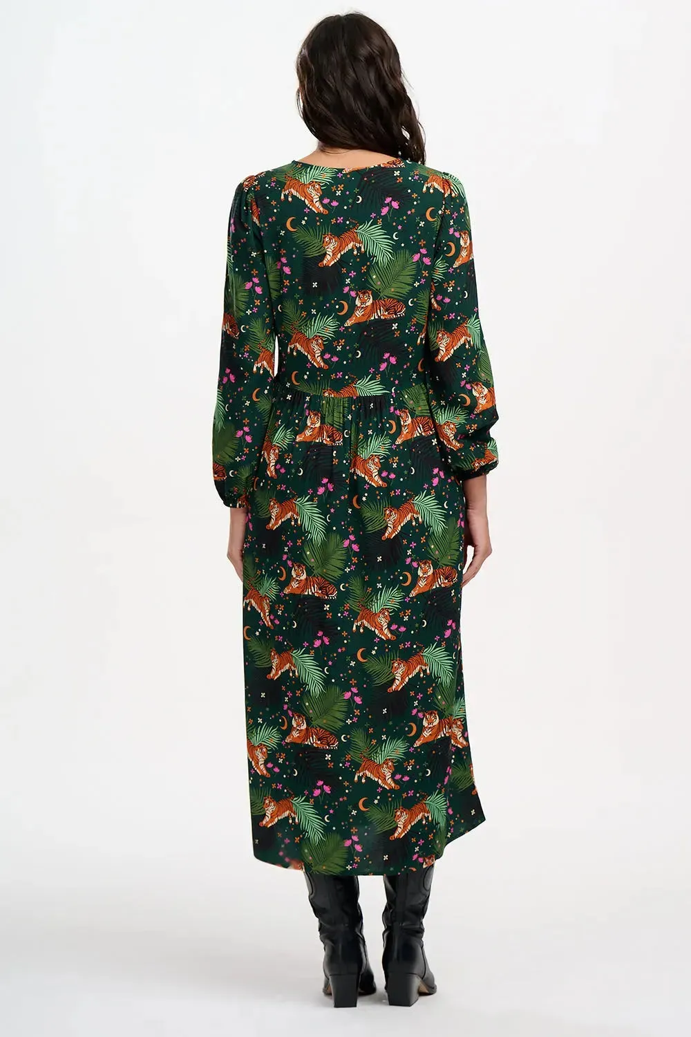 Vestido SUGARHILL Sidney Midi Dark Green, Tigers & Palms