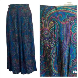 Vintage 1990s Skirt floral Paisley green blue fuchsia women size 8 elastic waist