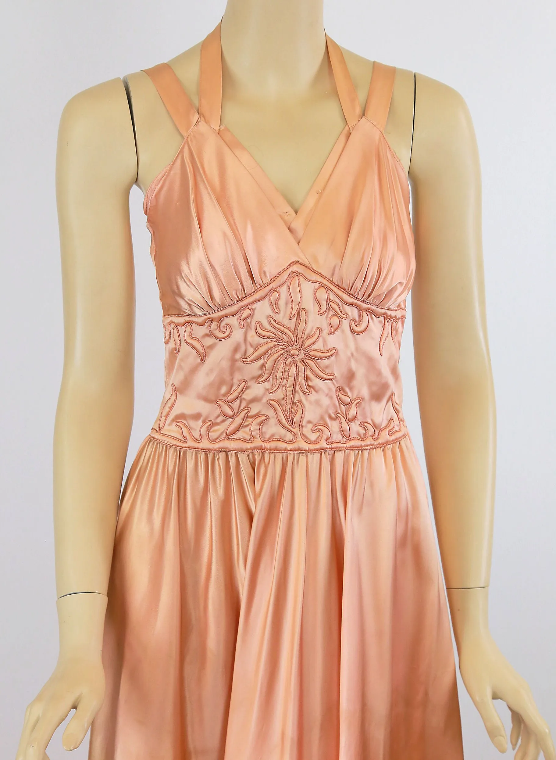 Vintage 40s glam rayon satin nightgown and bed jacket w trapunto embroidery