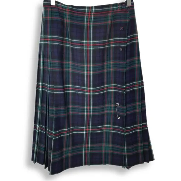 Vintage 80s Aljean Canada Wool Pleated Kilt Navy Tartan Sz S