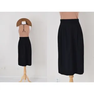 Vintage 80s Wool Black Midi Skirt size 10 | 28 waist