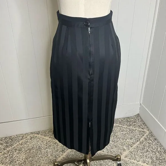 Vintage 80s Handmade Women’s Medium Black Striped Hi Rise Midi Skirt Slit