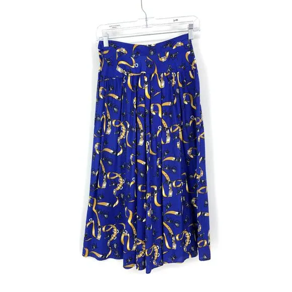 Vintage 90s A-Line Midi Skirt Women's Sz XS Equestrian Print Blue NOS
